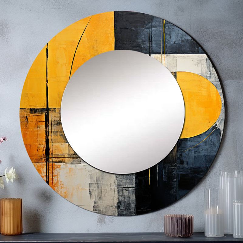 Lemon Loops Abstract Shapes - miroir décoratif de formes abstraites, miroir mural rond jaune, impression sur métal