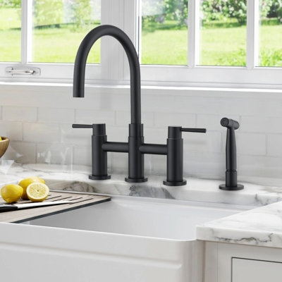 Matte Black Bridge Kitchen Faucet With Side Spray, Stainless, Dual Handles For Precise Water Flow, 360 Swivel, 1.2 Gpm Double Handle Strong 304 Rotating Spout, To Corrosion,