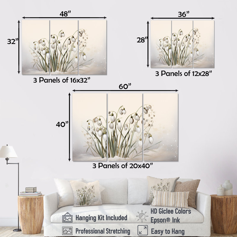 Ensemble de salon Snowdrops Moonlit Galanthus Nivalis II - Snowdrops Wall Art, H 32 po x l 48 po x P 1 po