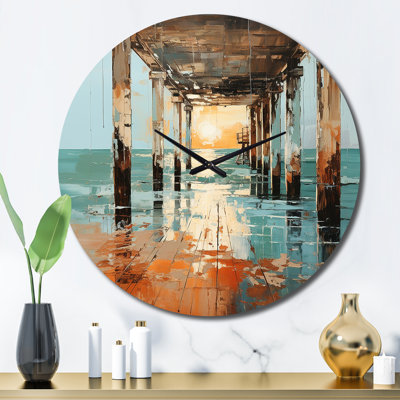 Coastal Pier Perspective Pointillism I - Nautical & Beach Wall Clock