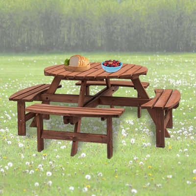 8 Person Wooden Picnic Table, Outdoor Camping Dining Table With Seat, Garden, DIY W/ 4 Built-In Benches, 2220Lb Capacity