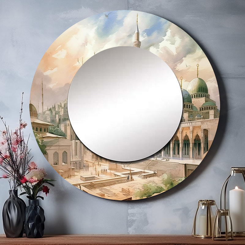 The Prophets Mosque Religious II - Islam Mirror, Beige Round Unique Wall Mirror, Printed Metal Art, 29" x 29"
