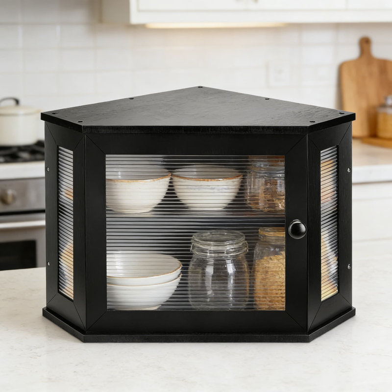 Large Corner Bread Box With Wavy Acrylic Window - Bamboo Kitchen Countertop Storage Organizer, High Capacity Bread Keeper For Freshness