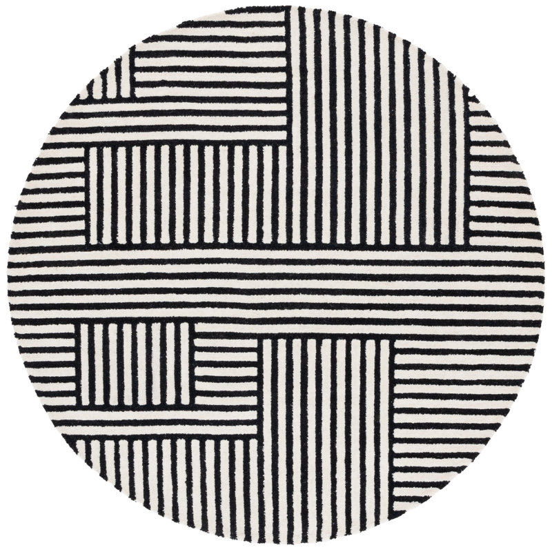 Elsbeth Geometric Hand Tufted Wool/Cotton Area Rug in Ivory/Black, Round 6'