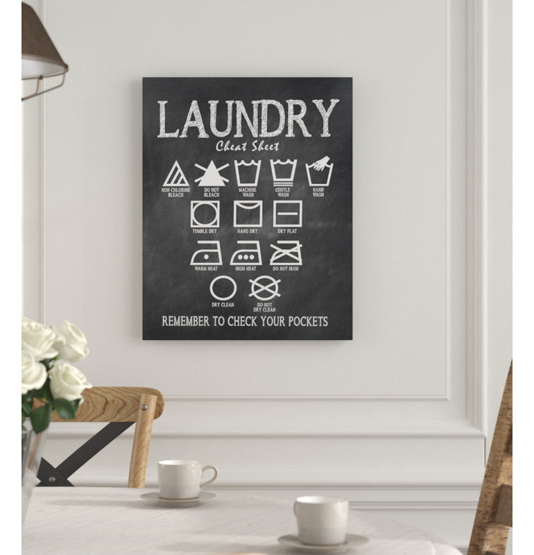 « Laundry Cheat Sheet », art textuel, H 16 po x l 20 po, Toile tendue