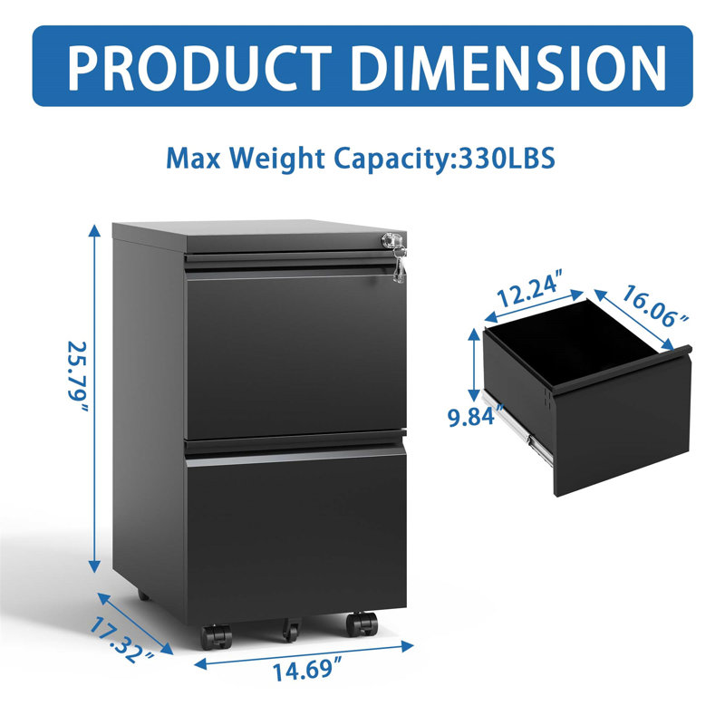 2 Drawer Mobile File Cabinet with Lock and Removable Hanging File Bar, Fully Assembled Except Wheels, Black