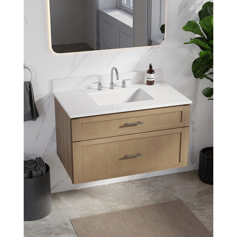 Meuble-lavabo mural flottant simple 36 po avec comptoir en quartz Carrara, Chêne naturel