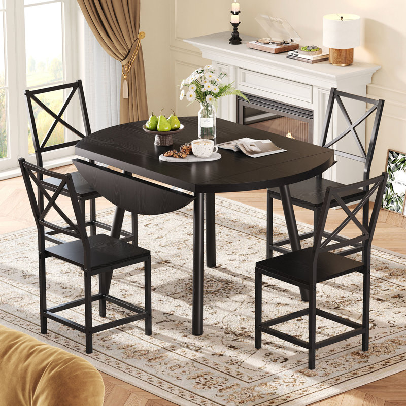Dining Table Set For 4, Round Kitchen Table And 4 Stool Chair For Dining Room, 44.5inch Drop Leaf Desk, Small Space Saving, Black