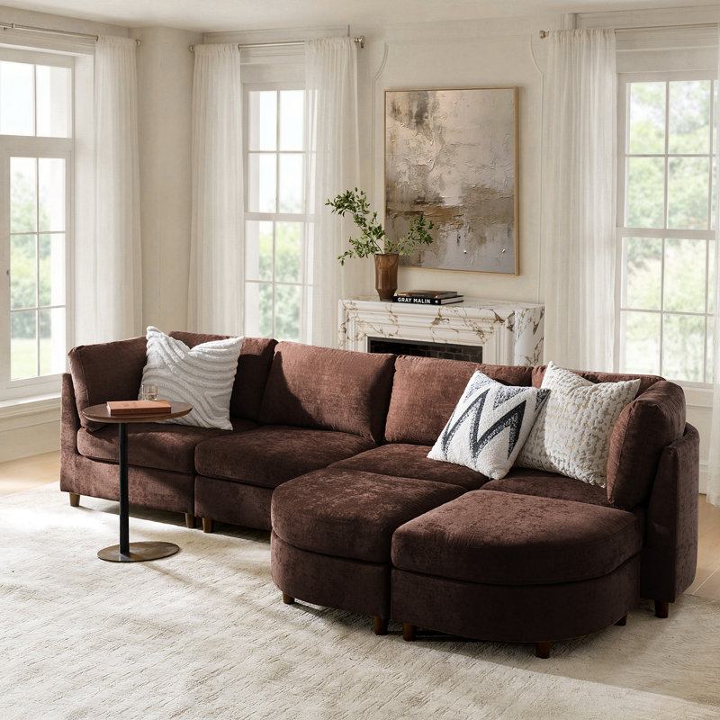 Dayman 125"W 6-Piece Modern Storage Convertible Sectional Sofa With End Table, Auburn Chenille