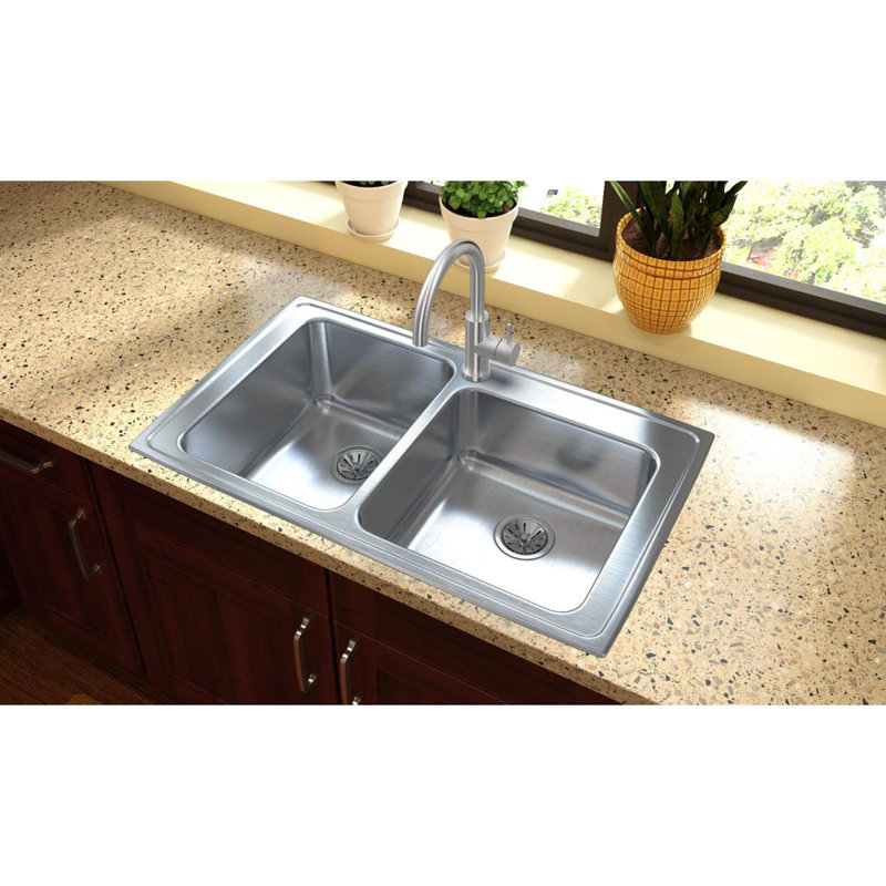 Lustertone 37" L x 22" W Double Basin Drop-in Kitchen Sink, 0 hole, 50/50 Basin split