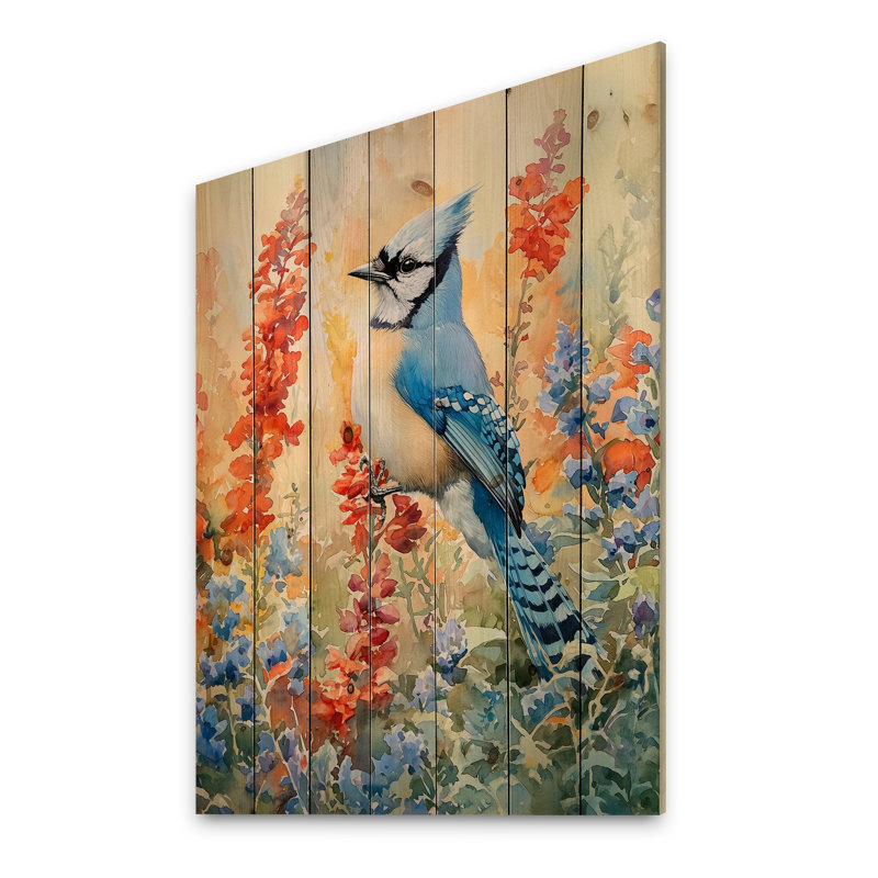 Blue Jay In The Summer Garden I - Bird Wood Wall Decor - On Natural Pine Wood, 40" H x 30" W x 0.78" D