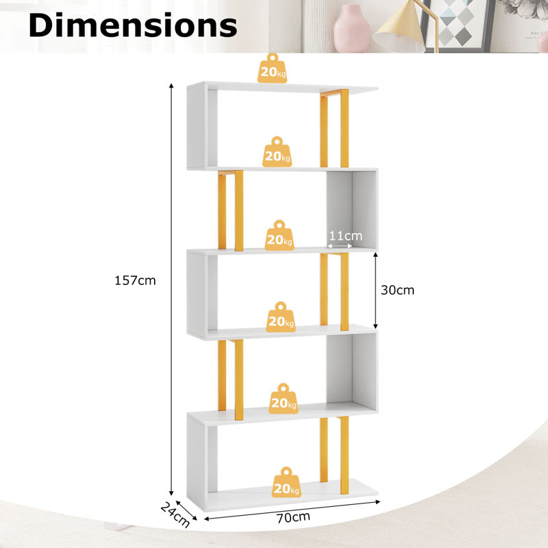 5-Tier Geometric Bookcase S-Shaped Bookshelf, (5 Shelves) 157cmH x 70cmW x 24cmD