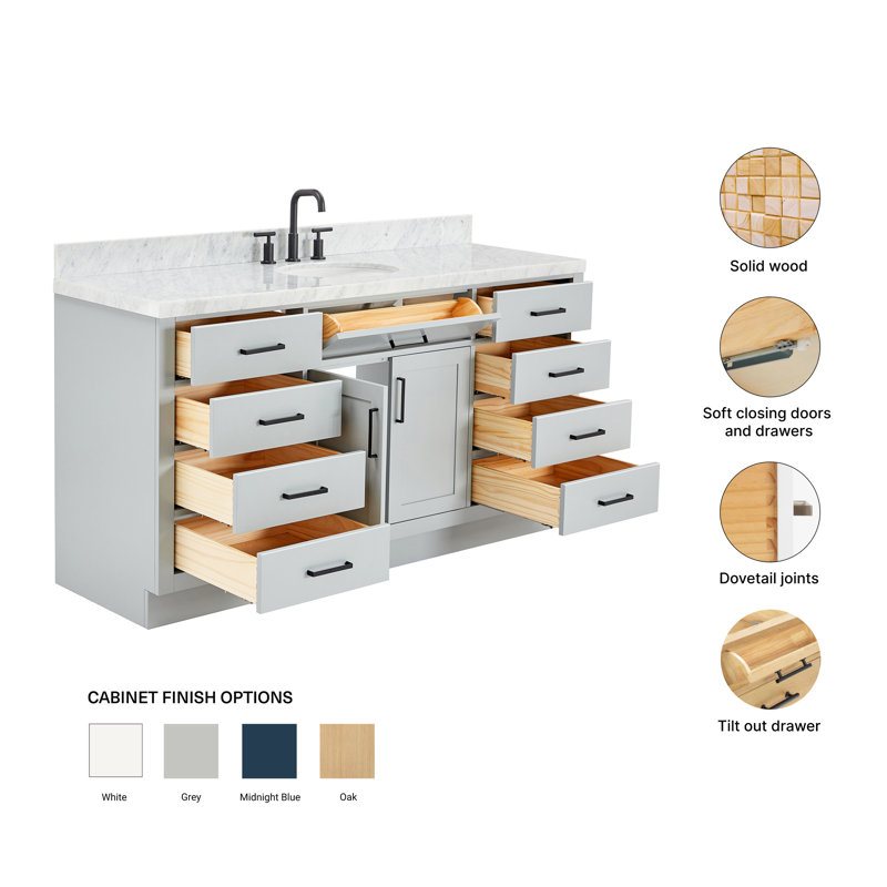 Meuble-lavabo simple en bois massif 66 po avec plateau en marbre de Carrare Tidworth, Gris, Ovale