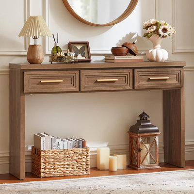 Table d'entrée de 47 po avec 3 tiroirs, console moderne en bois, devant à tiroir superposé, rangement ouvert au bas, table basse avec dossier Farmhouse, table d'entrée pour le couloir et le vestibule du salon