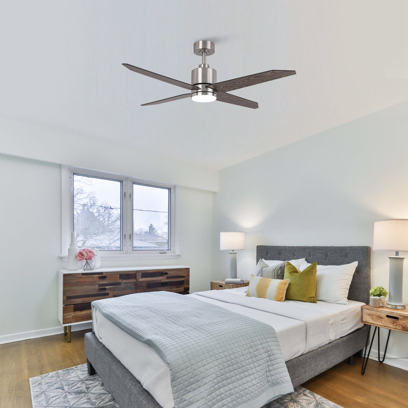 Dricketts 52" 4 - Blade Ceiling Fan with Dimmable 3CCT LED Lights and Remote Control, Satin Nickel with Brown Blades