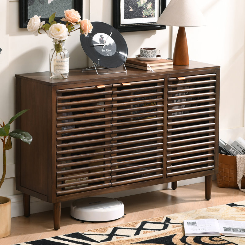 Armoire de rangement moderne à 3 portes Jahey avec tablettes réglables, portes à lattes, Noyer brun