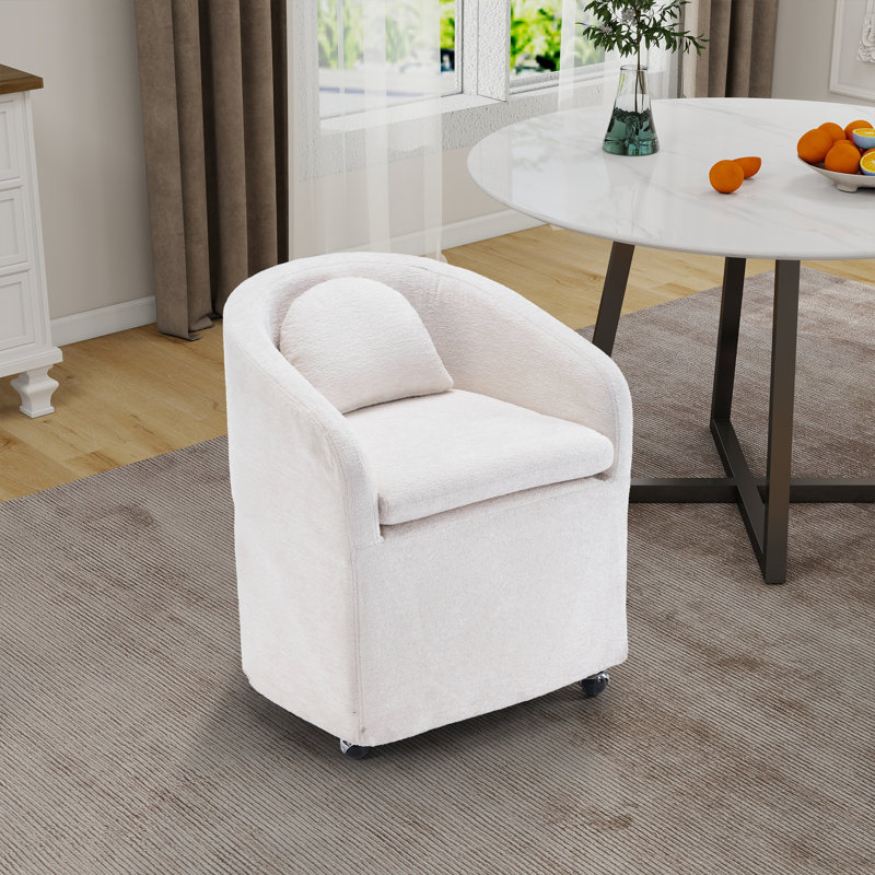 Fauteuil de salle à manger en chenille avec coussin de dossier et roues universelles en tissu, Beige