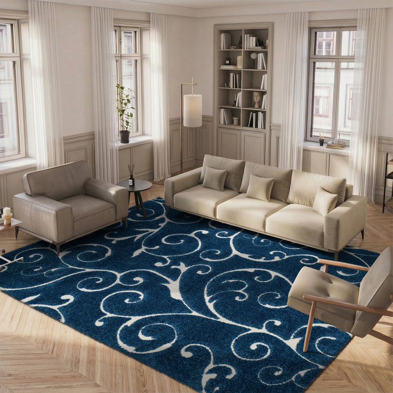 Tapis Amza, Rectangulaire 8 pi x 10 pi, Bleu foncé / Crème