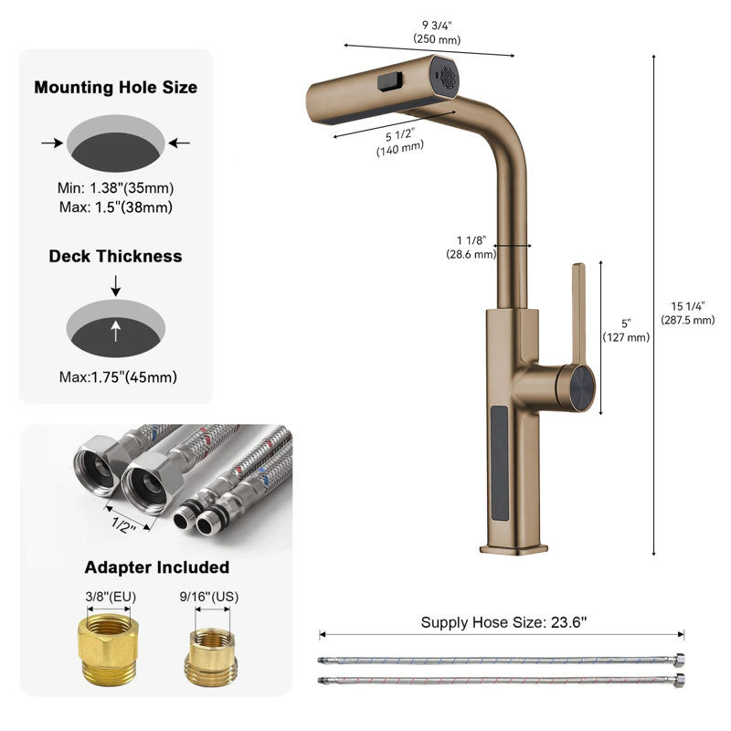 Single Handle Kitchen Faucet with Accessories, Brushed Brass