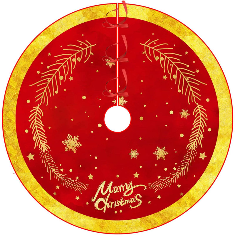 Jupe d'arbre de Noël avec jupe d'arbre rouge et or, tapis d'arbre de Noël moelleux avec motif de neige