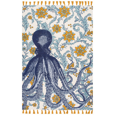 Thomas Paul Octopus Handmade Cotton Tasseled Blue/Orange Rug