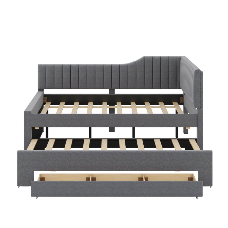 Upholstered Daybed With Trundle And Drawers, Gray, Full