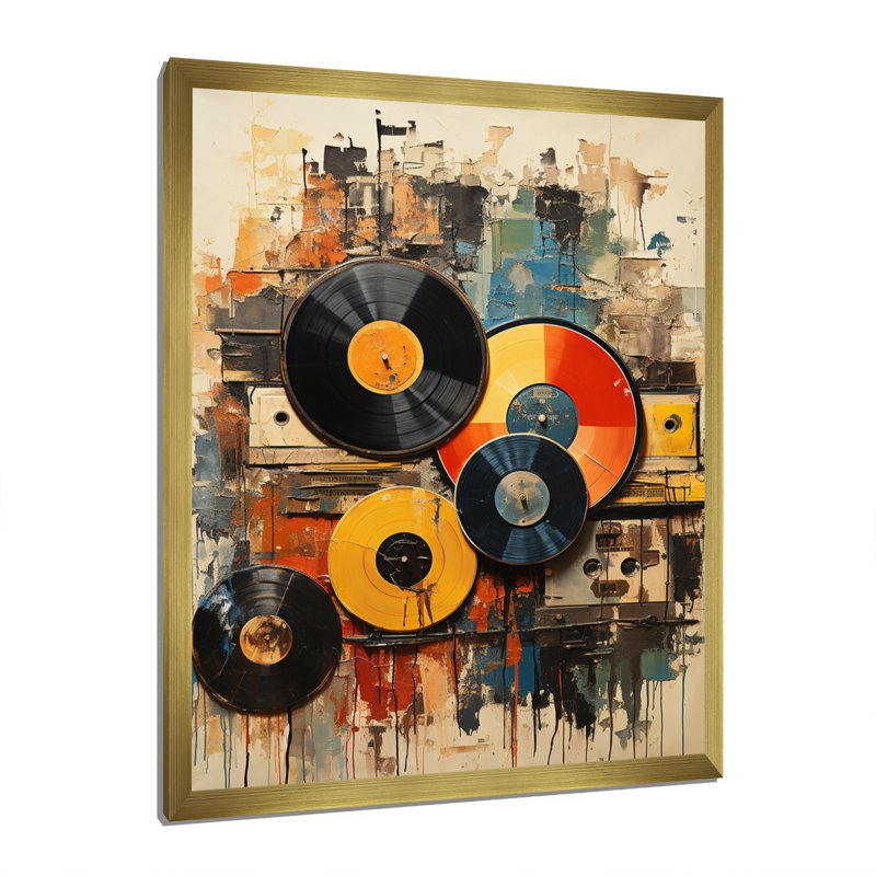 Vinyle, disque vinyle rétro I - impression sur toile, disques vinyle, Cadre photo doré simple, H 32 po x l 24 po x P 1 po
