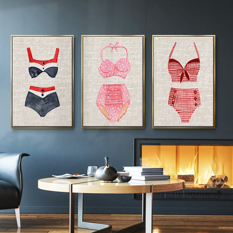 Ensemble de 3 pièces de natation rétro I encadrée sur toile, Or, H 27 po x l 54 po