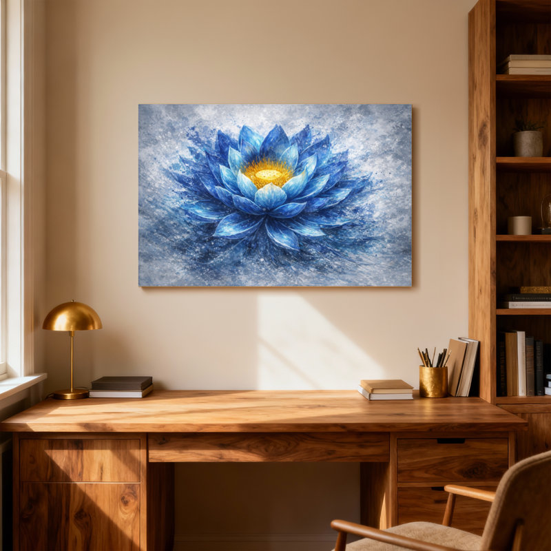 Plantes et fleurs de lotus bleu avec centre doré, H 12 po x l 18 po