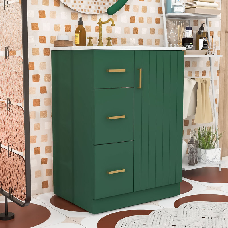 Meuble-lavabo 2 tiroirs avec lavabo et rangement à porte à fermeture en douceur Modern, Vert