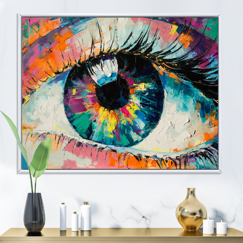 Œil de femme coloré turquoise - Œuvre d'art moderne sur toile, H 34 po x l 44 po x P 1,5 po, Toile avec cadre flottant blanc