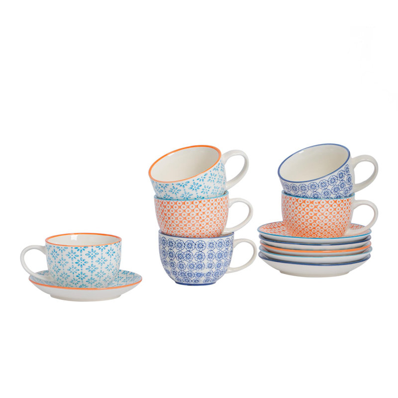 Nicola Spring 12 Piece Hand-Printed Cappuccino Cup & Saucer Set - 250ml - 3 Colours