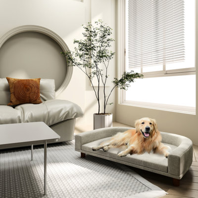 Gray Dog Couch With Soft Cushion, Washable Cover, Wooden Legs For Big Dogs Large Pet Bed, Foam, Slip,