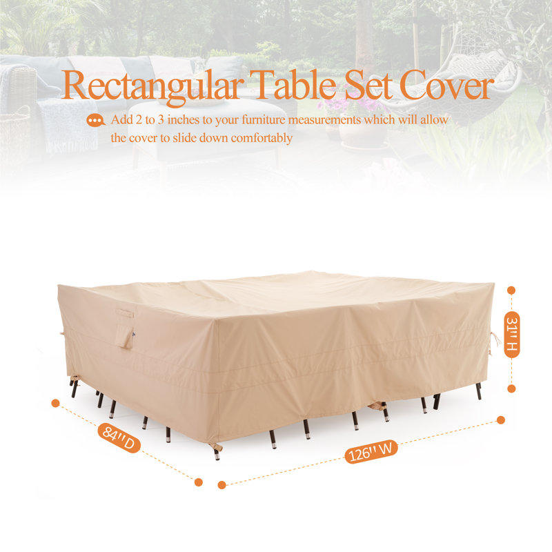 Beige Waterproof Ripstop Outdoor Patio Table Cover, 126"W x 84"D x 31"H