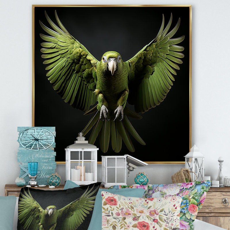 «Eernal Winged Elegance», art mural sur toile perroquet, White Picture Framed, 36" H x 36" W