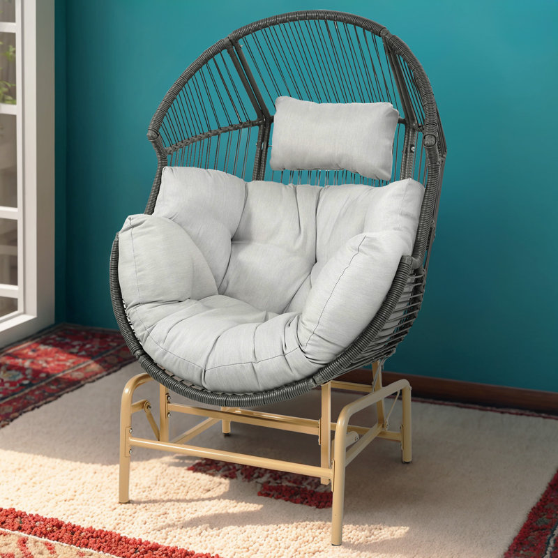 Fauteuil à œufs en osier Baja avec coussin et base coulissante, Beige, Gris
