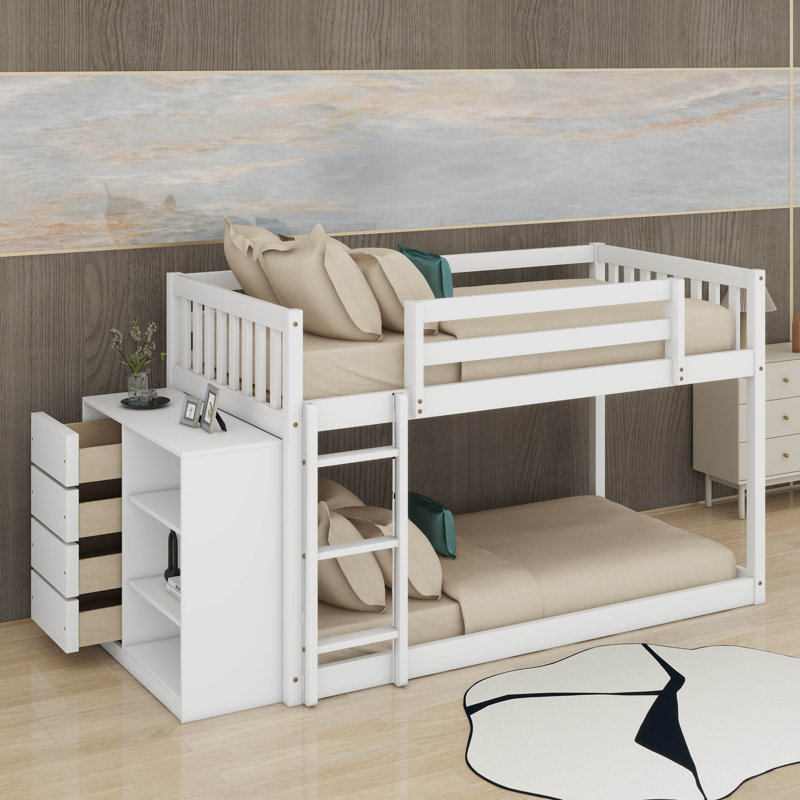 Twin Over Twin Bunk Bed With 3 Shelves And 4 Drawers, White