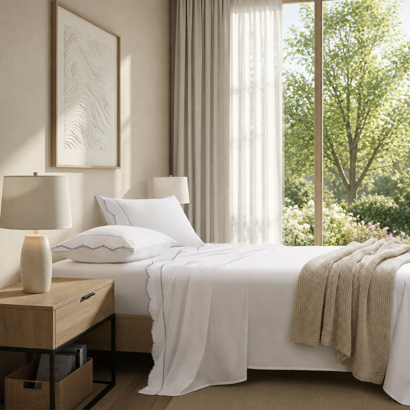 Ensemble de draps en satin de coton 300 fils avec broderie élégante, Très grand lit, Bleu