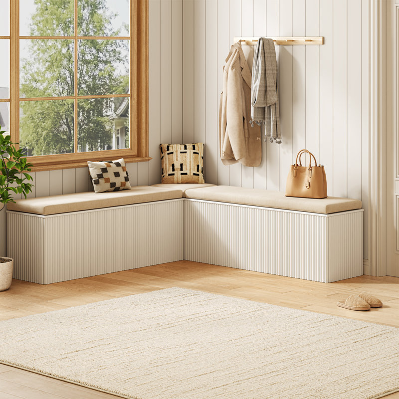 Banc de rangement en L en forme de L avec sièges rembourrés, bancs de coin-repas avec rangement caché, blanc, Blanc