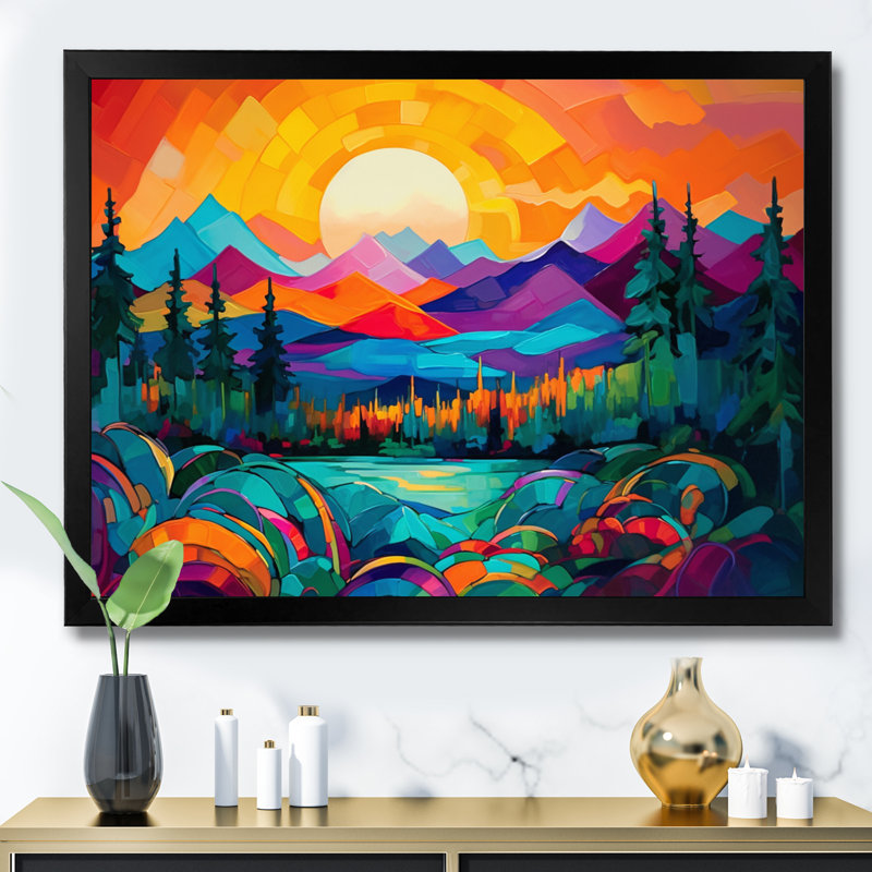 «Vibrant Sunset Shining Over Mountains II», art sur toile, Cadre noir, H 16 po x l 32 po x P 1 po
