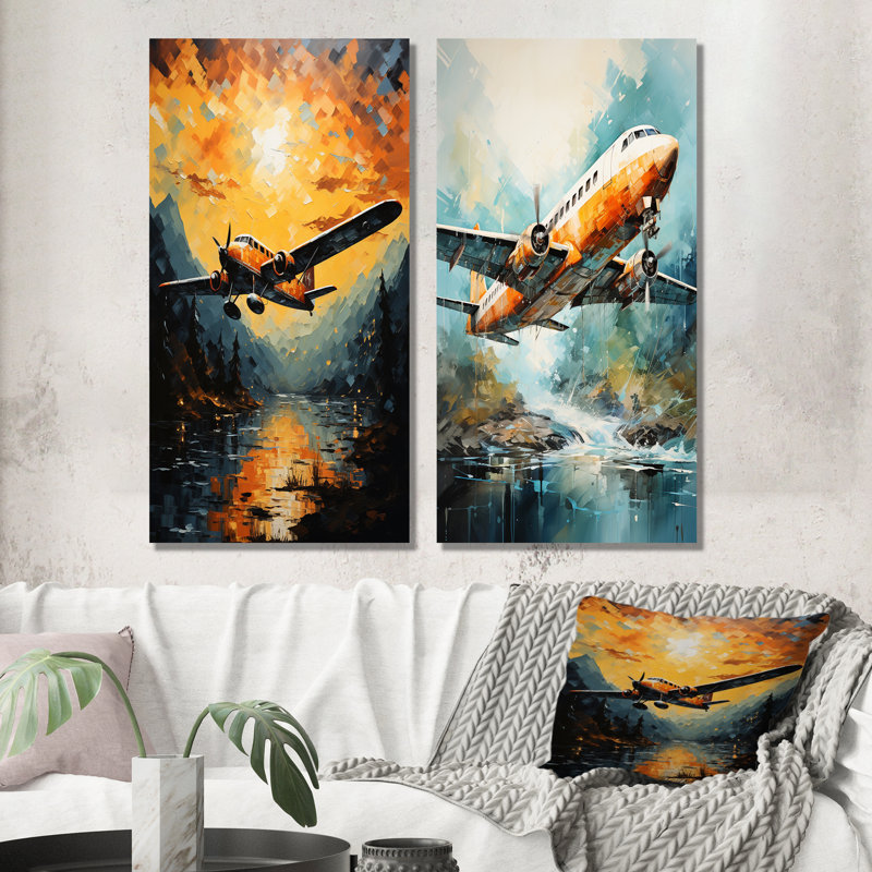 «In Flight Plane Horizons» - ensemble de 2 pièces d'art mural, H 28 po x l 25 po, Toile tendue