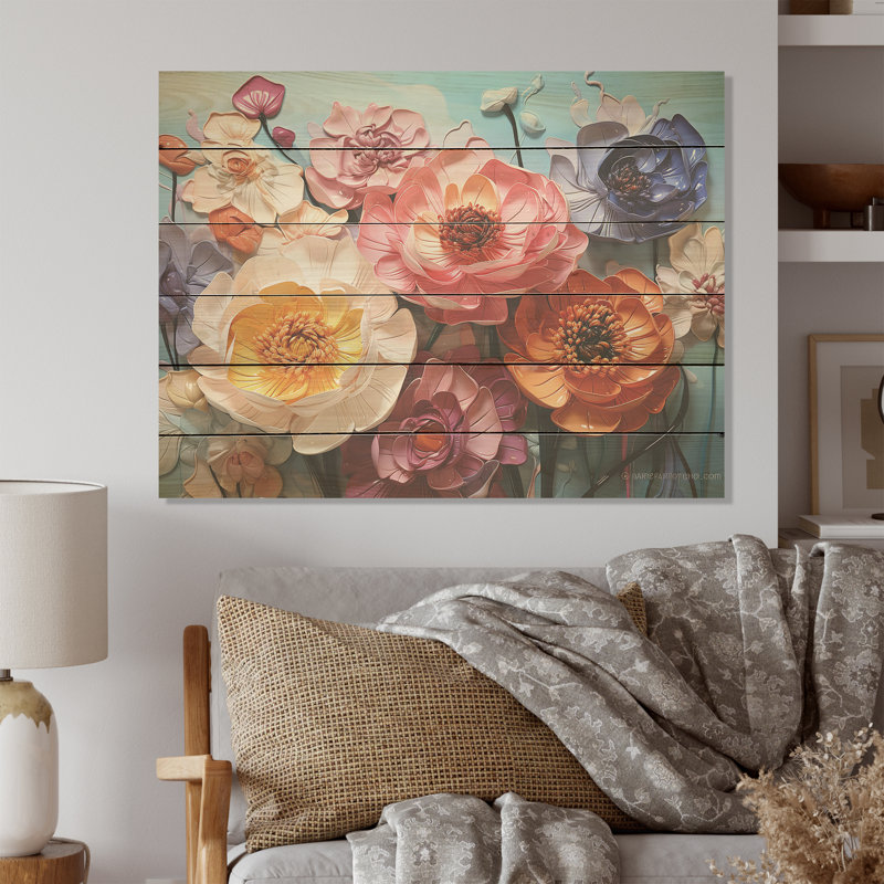 Champ de fleurs de renoncule liquide - Art mural en bois sur bois de pin naturel, H 10 po x l 20 po