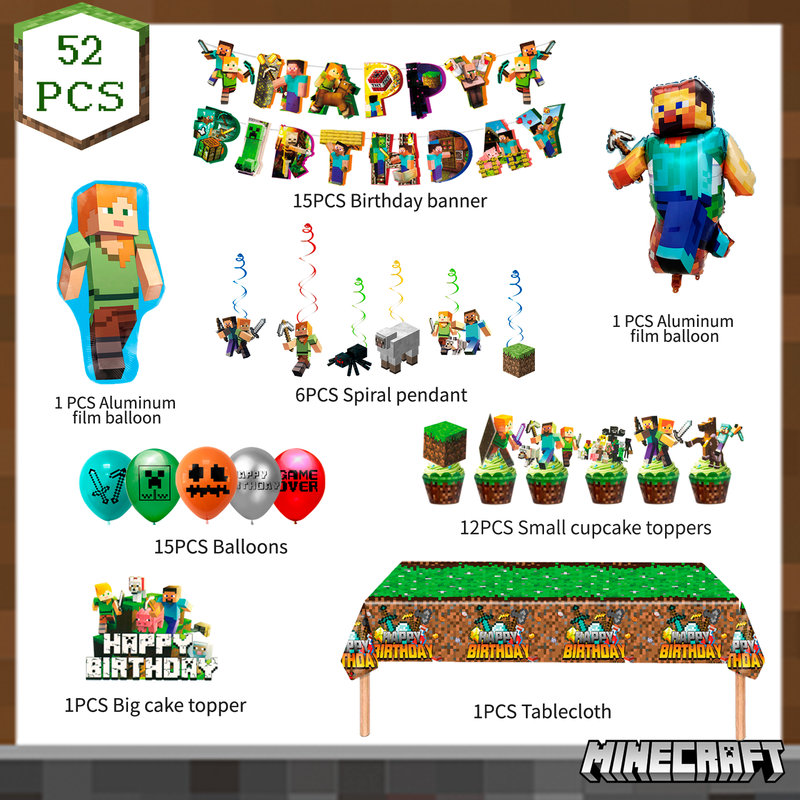 Articles de fête d'anniversaire Minecraft, ensemble de 52 décorations de fête Minecraft