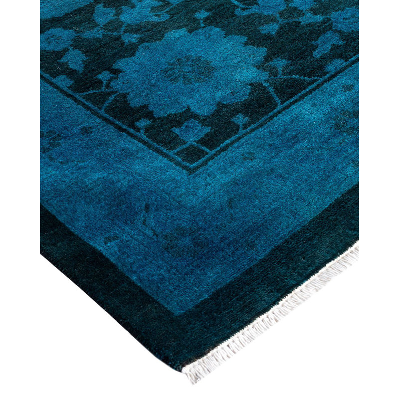Tapis unique noué à la main Vibrance - bleu, 12 pi 1 po x 21 pi 6 po