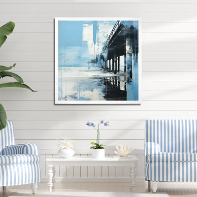 Minimalisme bleu sarcelle et jetée blanche paysage I - décoration murale nautique et plage