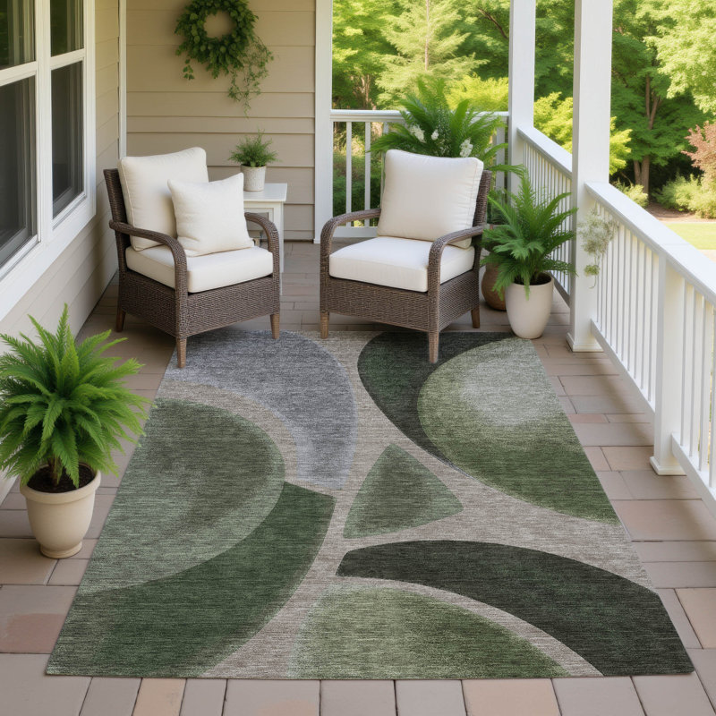 Tapis abstrait lavable à la machine intérieur / extérieur ACN2537, Olive, Rectangle 9 pi x 12 pi