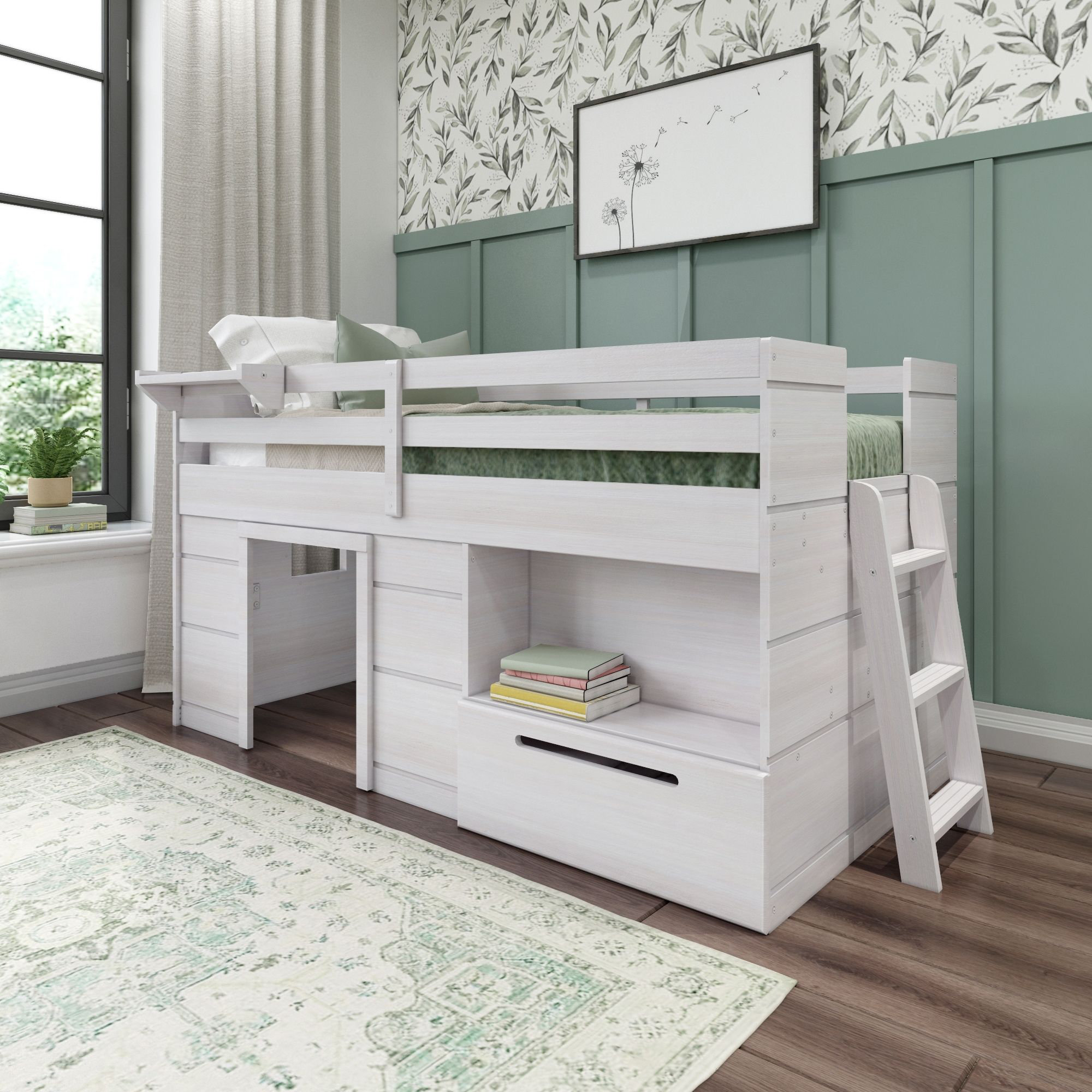 Purdy Hill Twin Low Loft Bed with Shelves | Harriet Bee