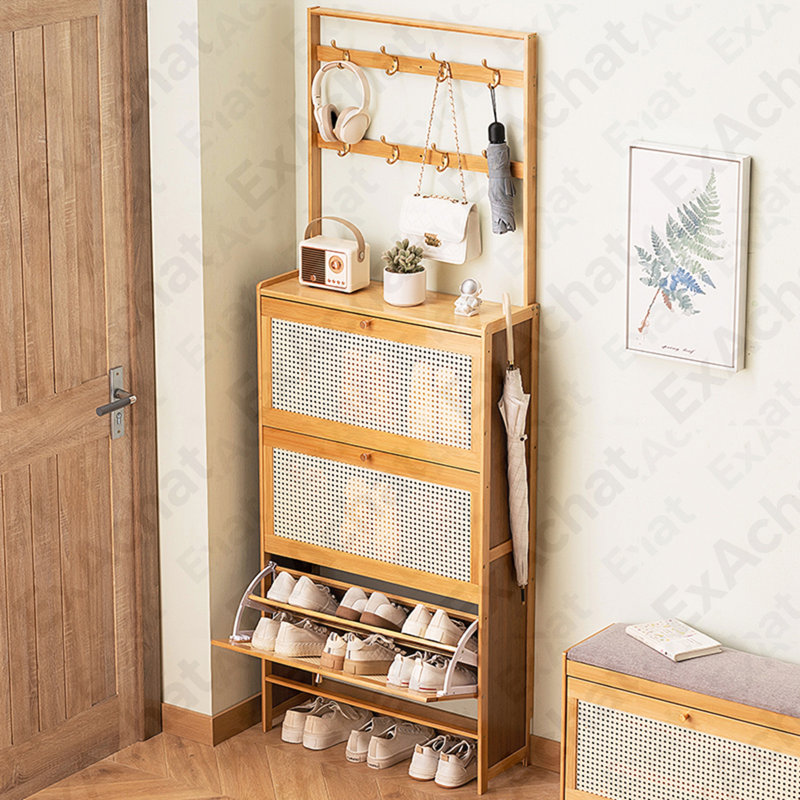 Shoe Cabinet with 3 Rattan Flip Drawers, Bamboo Shoe Storage Cabinet with Coat Hooks, Freestanding Shoe Cabinet Storage for Entryway, Hallway, Closet, Living Room ( Natural Color )