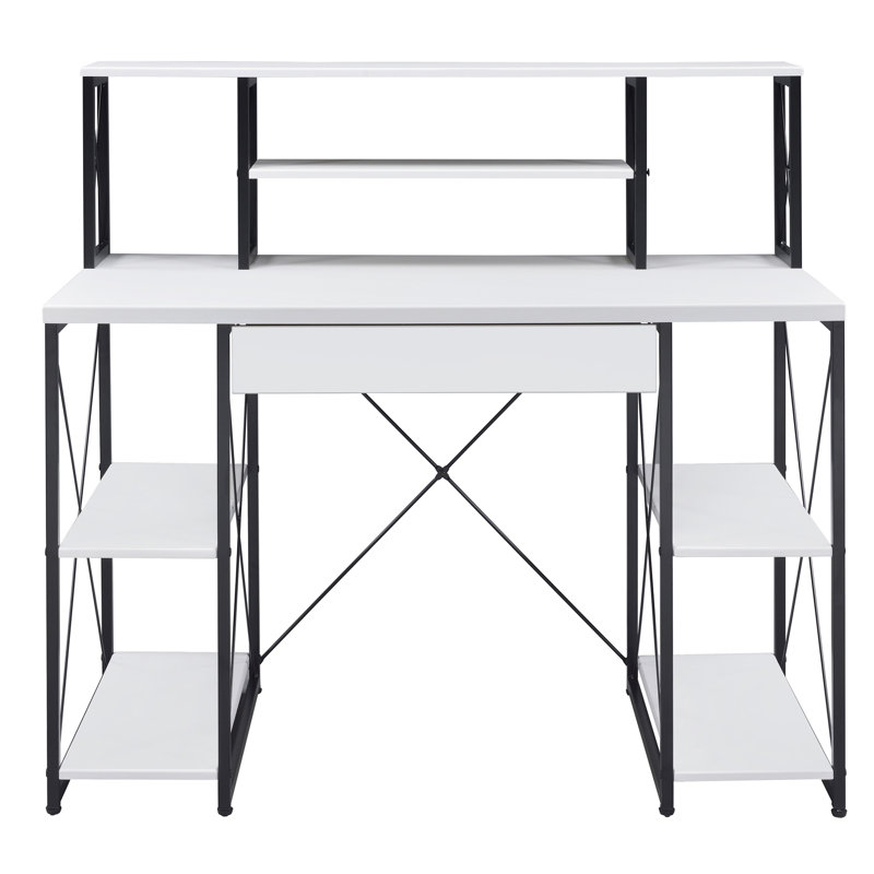 Bureau avec tablettes ouvertes et huche, Blanc