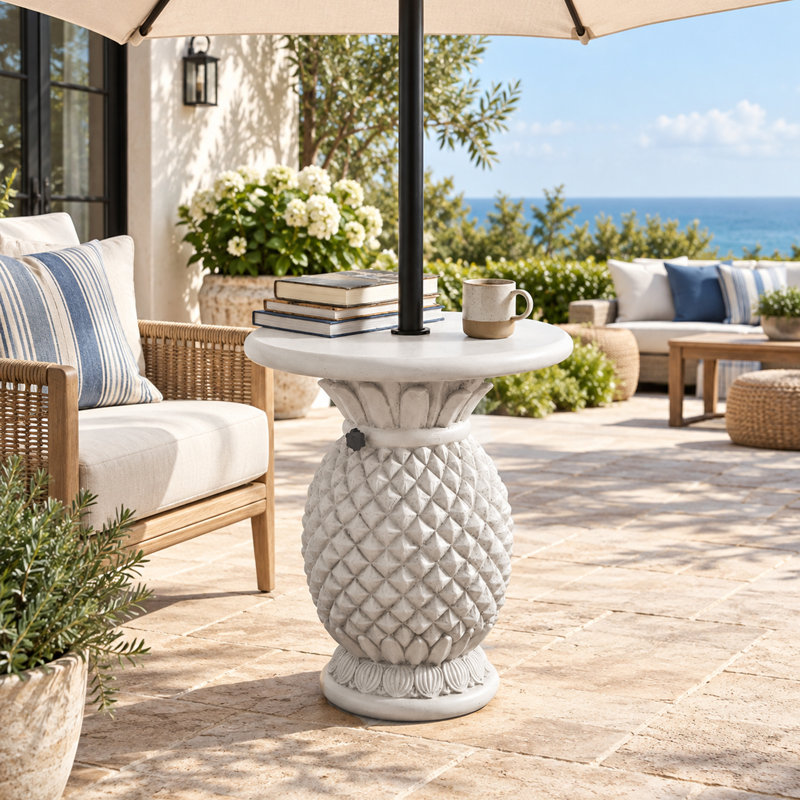 Table d'appoint d'extérieur avec base de parasol 2 en 1 ananas pour jardin près de la piscine